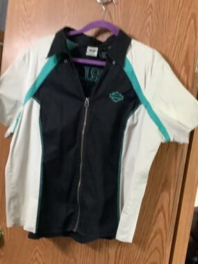 Harley-Davidson Black, Teal & White Zip-Up Short Sleeve Shirt